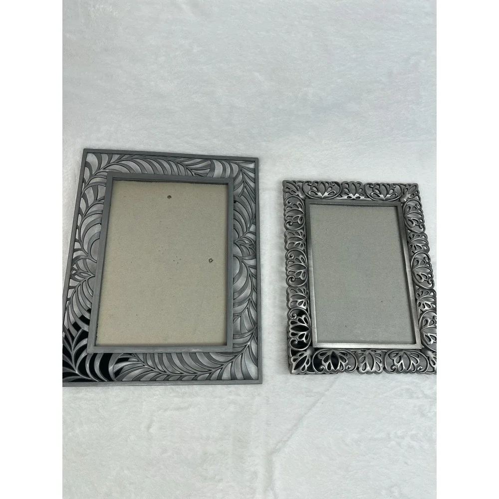 Set of 2 Pewter Tone Filigree Metal Photo Frames Ornate Scroll 5x7 4x6